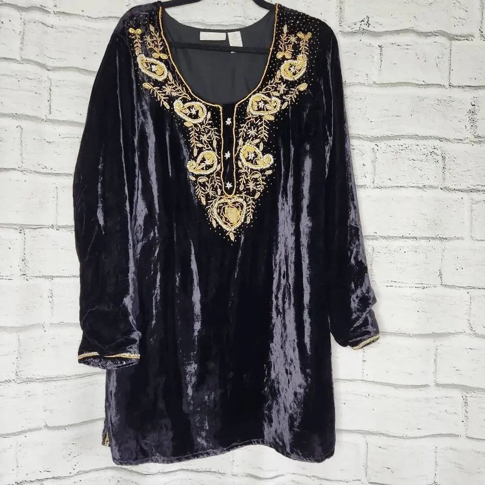 Soft Surroundings Womens Black Velvet Embroidered Gold Sequin Trim Tunic Top XL